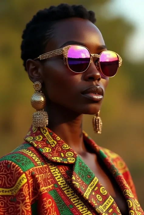 Ethiopian princess woman wearing a vibrant multicolor intricate outfit with big earrings, featuring exotic sexy bold colors, with colorful sunglasses that reflect pictures of African landscapes, in the style of high fashion,