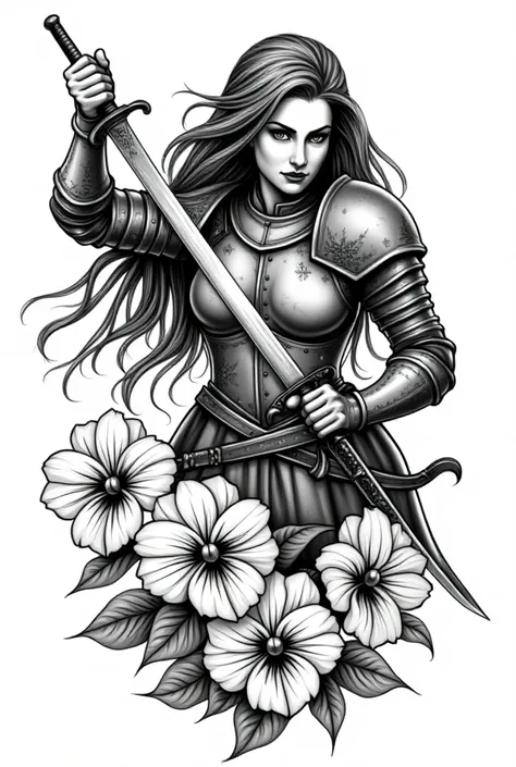 {
  "prompt": "A black and white tattoo flash sheet inspired by the old school traditional style, featuring 10 designs of a powerful woman warrior dressed in medieval armor. Each design shows herself cutting her own hair, which becomes short and jagged, wi...