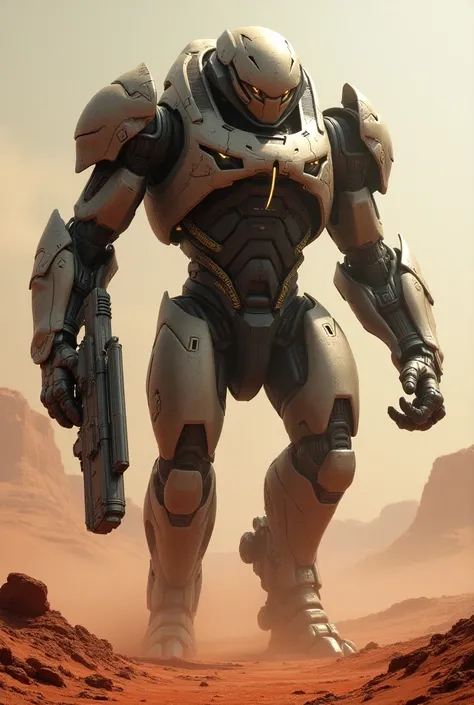 Generate a hyper realistic science fiction image of futuristic giant monster on Mars which has futuristic battle suit and futuristic helmet and has also futuristic gun and with his massive size his looking very dengerous 