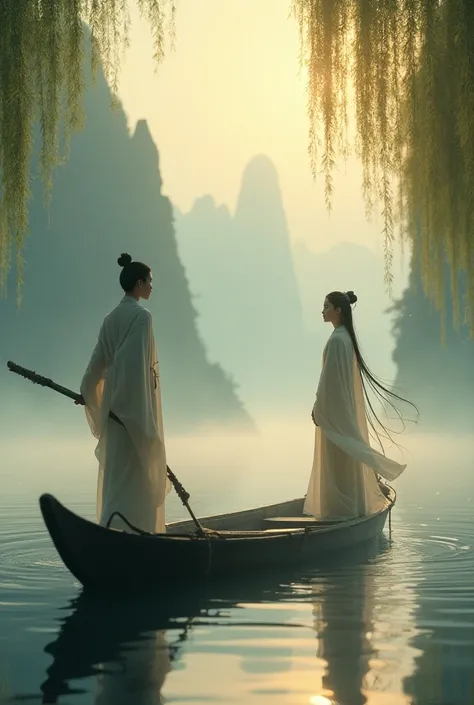 Create a captivating and dynamic digital collage that blends elements of historical Chinese romance, spirituality, and temptation. The scene should be set on a boat floating down a tranquil river, with the young scholar, Танцин, in the foreground, mesmeriz...