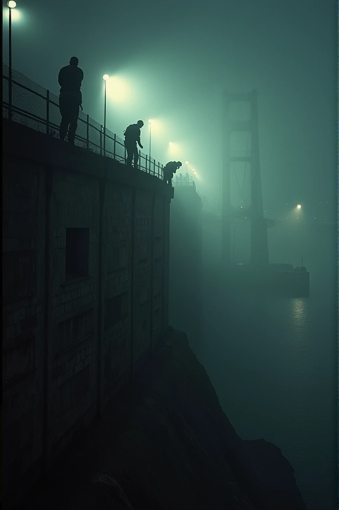 Dramatic scene of the escapees climbing the outer walls of Alcatraz prison under the cover of darkness, with searchlights sweeping across the area and a foggy Golden Gate Bridge faintly visible in the background."