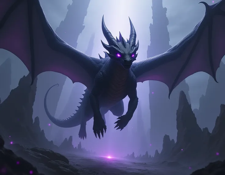 Make a YouTube banner for Minecraft , a black dragon with purple eyes flying in a void with broken towers and impossible to see the ground