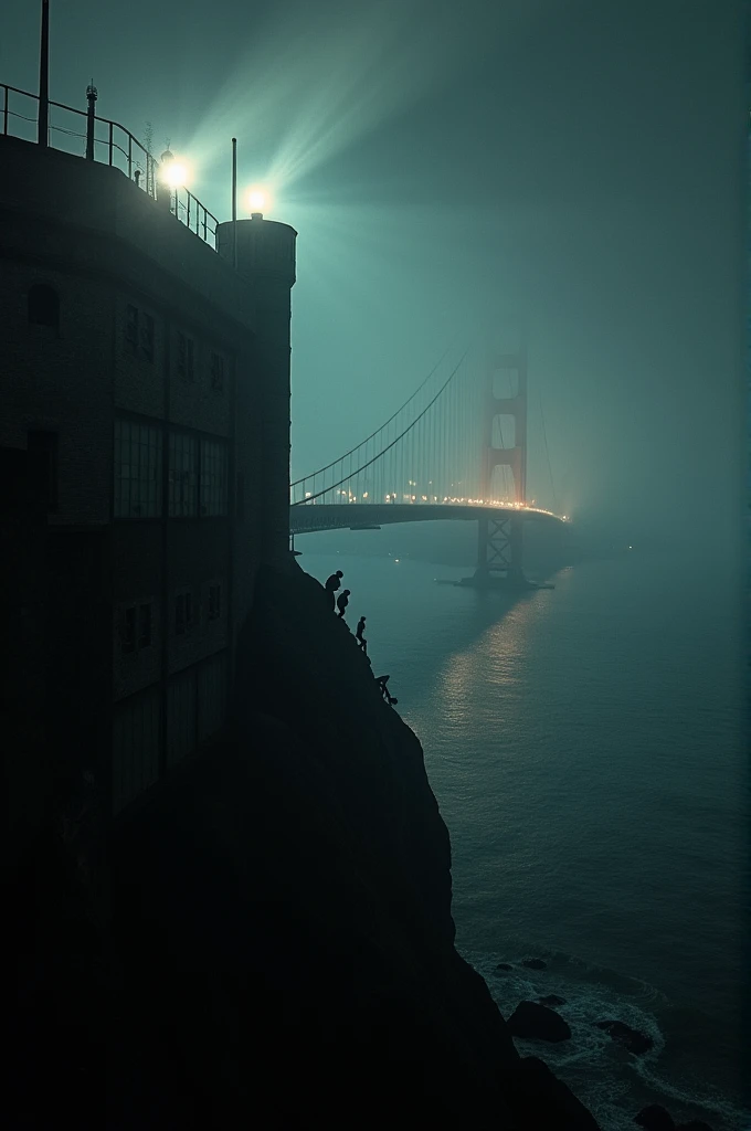 Dramatic scene of the escapees climbing the outer walls of Alcatraz prison under the cover of darkness, with searchlights sweeping across the area and a foggy Golden Gate Bridge faintly visible in the background."