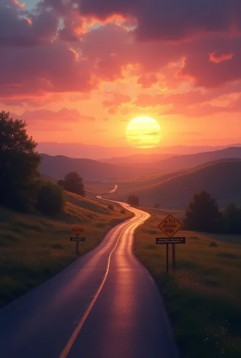 A long, winding road with motivational signs along the way, stretching towards a stunning sunset.
Breaking Barriers.