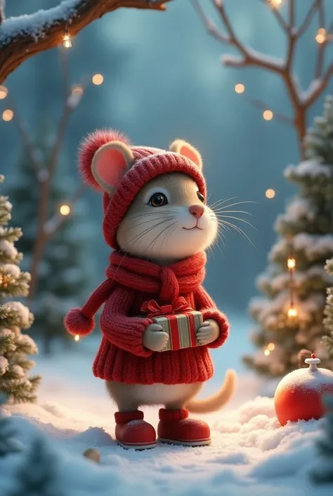 Illustration ultra réaliste en 3D à lhuile et à laquarelle dune scène hivernale dans la campagne. Des arbres dénudés recouverts de neige, de la neige au sol. Une souris campagnarde fantaisiste portant un pull de Noël, un bonnet à pompon rouge, des bottes d...