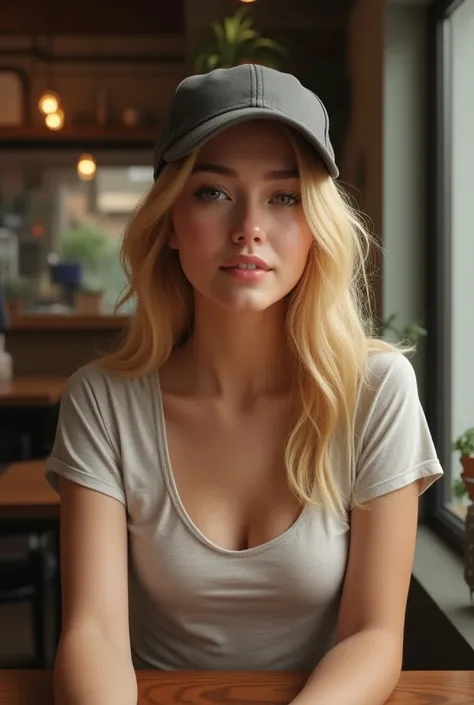  beautiful blonde woman ,  Coffee Shop Environment, gray cap ,  small breasts , t-shirt, Selfie, looking at me