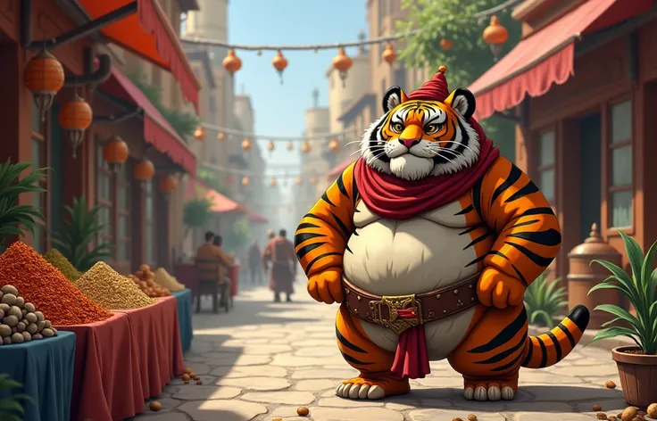 Create the image of a Middle Eastern city with a humanoid fat tiger selling spices in the Middle East, rpg