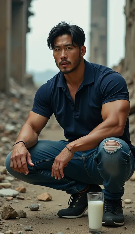 A handsome Korean guy wearing a navy polo shirt  ,( Jeans :1.5) Very large arm muscles, like a tall white bodybuilder, sitting on his knees on the floor ((Close your eyes, open your mouth.)), Natural light background ,  Outside destroyed building  ,  Man w...