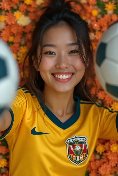 Beautiful smile girl with football plane jersey and football