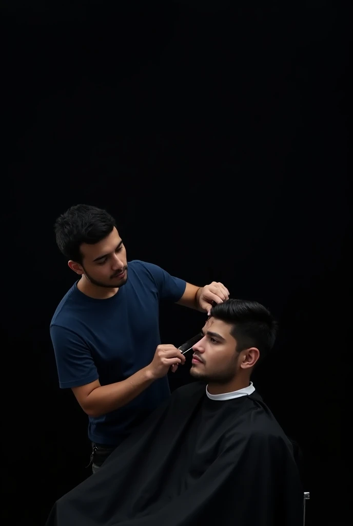  Barber in a blue t-shirt  ,white and red ,,, cutting a young mans hair, with black background 