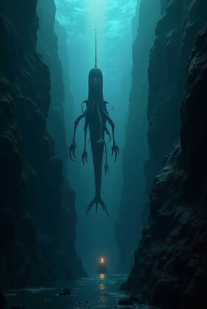 a deep sea world 10,000 meters deep, an abyss lit only by the lights of a submarine, bizarre deep sea creatures, a world where fine particulates are falling, eyeless deep sea creatures, unsettling creatures with sickly appearances, an ominous world, steep cliffs of the deep sea