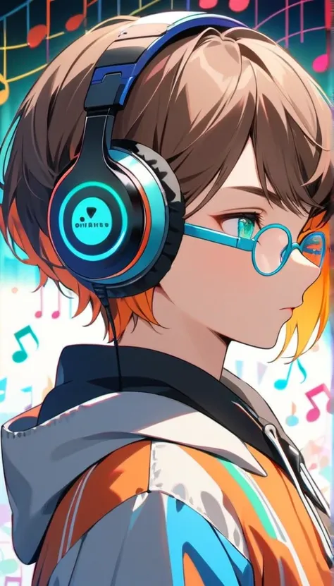  Hi-Res, accurate, masterpiece,  upper body,One young man,  boyish, Facial Contour,  wears black-rimmed glasses, Aqua Eye, Brown Hair,  short hair, Colorful inner bristles,  headphones,  HOODIE, Listen to music with your eyes closed,profile,Musical notes b...