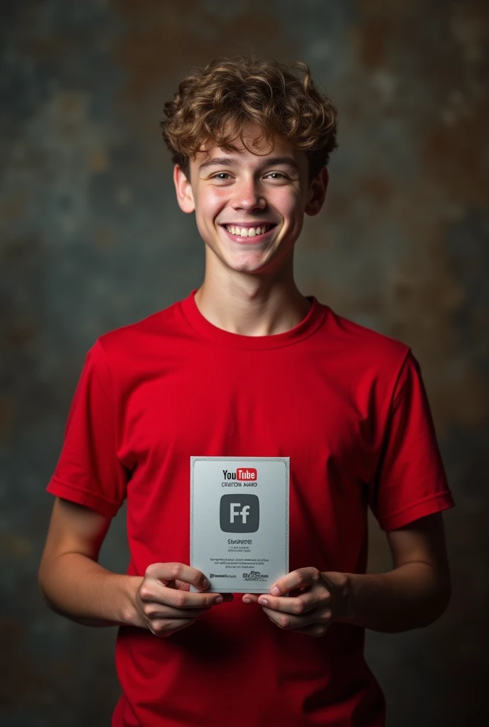 a red tshirt wearing young man cinematic with holding YouTube silver bottom 