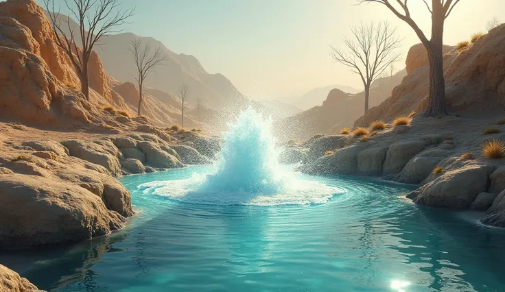  A spring of crystal clear water gushing amidst a deserted landscape , with soft light illuminating the waters .  The image symbolizes renewal and the miracle of life where it is least expected.