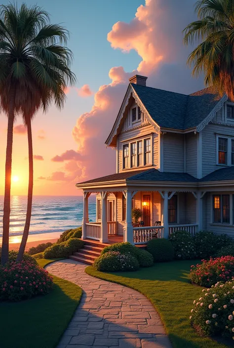 A house on the seafront during sunset