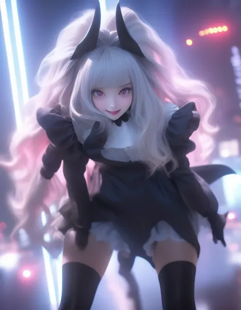  alone， cosmic concert background ,  Galaxy lighting ， a very pale white-skinned devil girl idol with black horns, (Dark eyes:1),(  wear a maid outfit:1.2) , (  black gradient arms and legs :1.2) , White hair , Good lighting  ,  is very thin,     blurry ba...