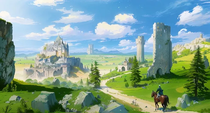 painting of a man riding a horse in a field with a castle in the background, anime countryside landscape, anime scenery concept art, scenery game concept art, rpg landscape, concept art. epic landscape, anime landscape, painted as a game concept art, epic ...