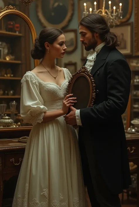 A girl in an antique shop in Victorian dress holds an old mirror in her hands by a man in a Victorian outfit with long hair without a beard