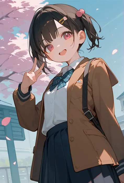 score_9, score_8_up, score_7_up, score_6_up, source_anime, body proportions, masterpiece, best qualityer, black hair, short twintails, bangs, side bangs, half-lidded, pink eyes, hair pin, small breasts, japanese_school uniform, seifuku, brown jacket, bowti...