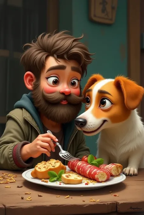 A beard boy and a dog eating food waste from a single plate 