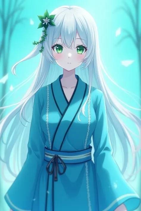 Full-body photo of an 18-year-old, blue, emerald, 165cm high school girl with long white hair, dressed in animation 