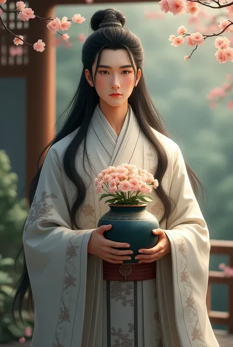 A Chinese man with long hair without a beard in a Kitorian outfit holds a flowerpot