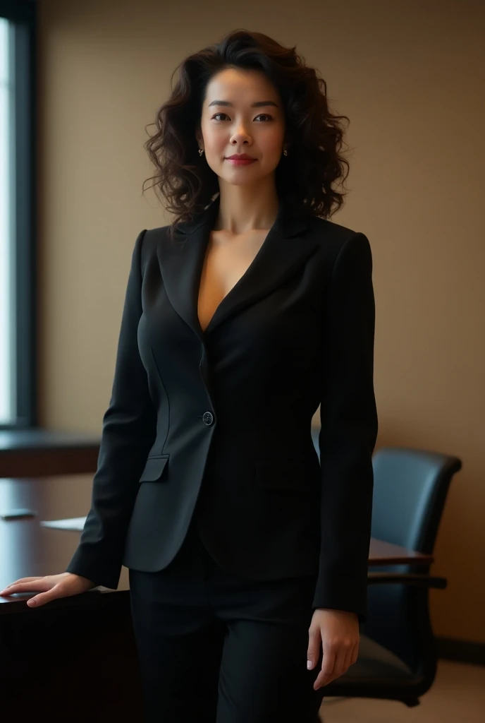 Chinese 50 year old mature，curls，indoor，Stand in front of your desk，OL outfit，Women&#39;s suits，Black suit， full boobs，Thin waist and big hips