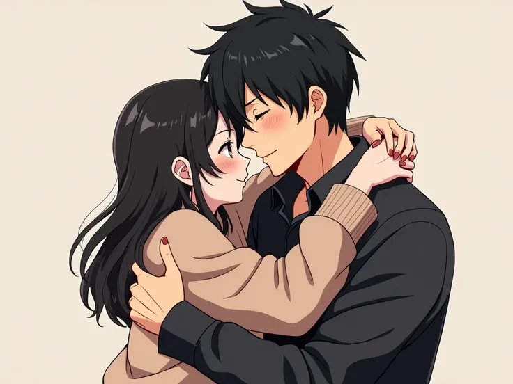 
Black-haired２０A woman in her teens and a Japanese man around 40 are hugging each other。 anime style。