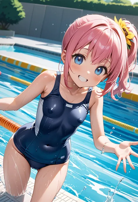  1 girl elementary school student, pink hair side pony,  school swimsuit, Pool,  splashes, Wet with water, The shape of the nipples and pussy can be seen from the top of the swimsuit, fine,  happy smile ,