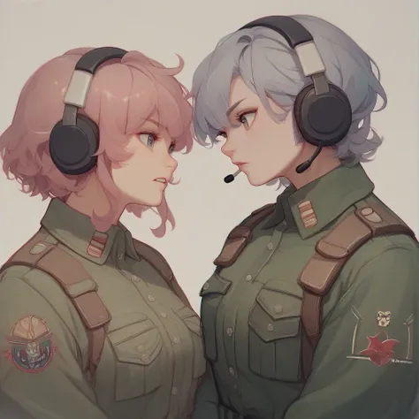 Tank diagram  、Dracula 、  tank girl is standing in front  、Bob Hair、Hair Color: Pink、cute、 MYO logo  、  tank soldiers military uniform  、  headset  、  shells are fired 、 smoke in MYO letters  、 The girls main  、