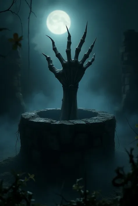 Scene 3: Hands Emerging from the Well

Prompt: "A decayed, ghastly hand reaching out of a dark, ancient well under a moonlit sky. The hand appears skeletal and rotting, with long, sharp nails. The well looks grimy and covered in moss, and thick mist swirls...