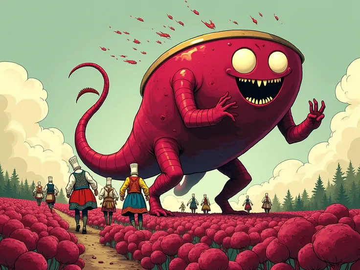 "Borscht Monster: a giant bowl of borscht with beetroot tentacles and sour cream eyes, chasing cooks in Russian national costumes running away from it in terror across a beet field, in the style of modern American comics"