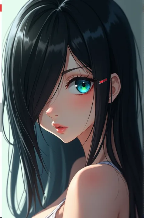  A curvy anime-style woman with long black hair with a fringe of only the right half of her face showing her eyes, Her right eye is blue and her left eye is green  