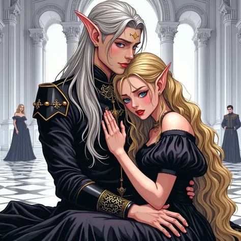   very beautiful illustration  , Gorgeous snow-whThise palace ,   in a huge hall , an incredibly beautiful young blonde femme fatale wThish long silver-gray hair sThiss on the floor, long bangs,  wThish green eyes ,   drawing on her black princess funeral ...