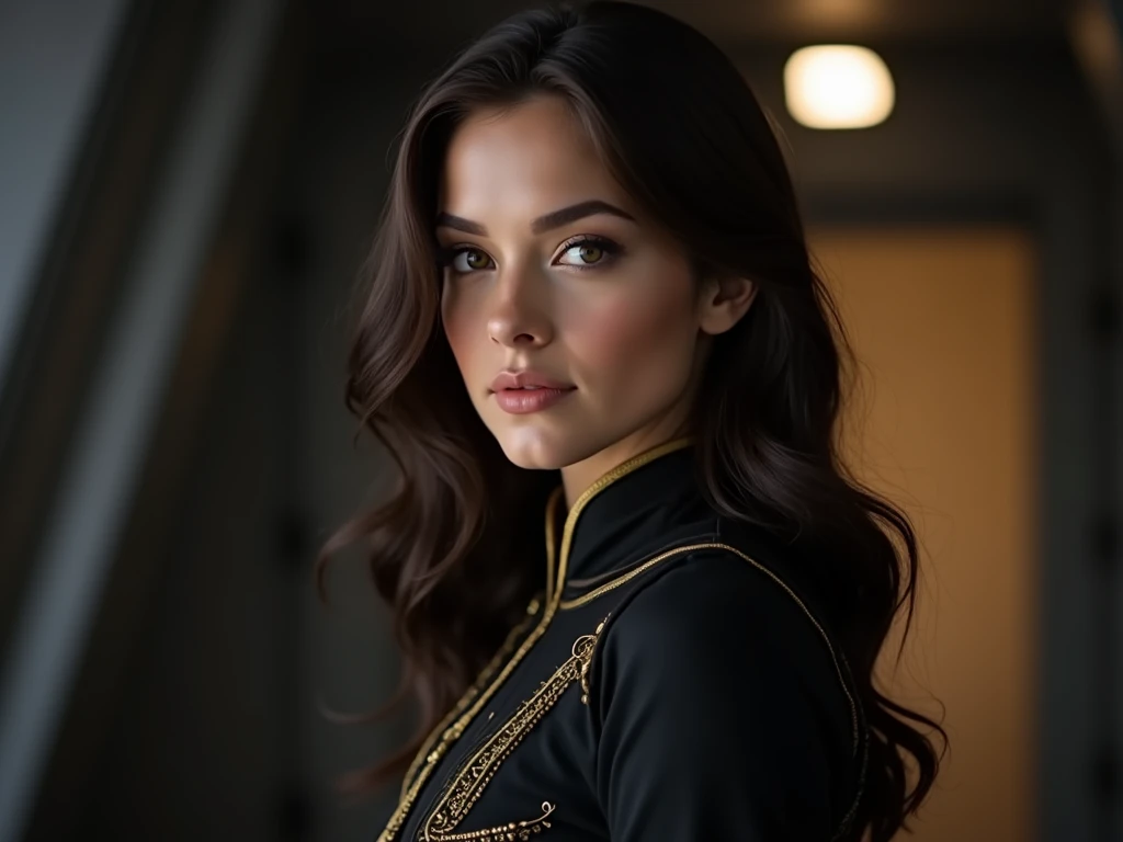 "Portrait of the Chancellor ,  a charismatic young woman ,  of captivating beauty and seductive look ,  in professional 4K quality .  She wears an elegant and dark outfit with golden details ,  combining style and authority ,  revealing her status as a pol...