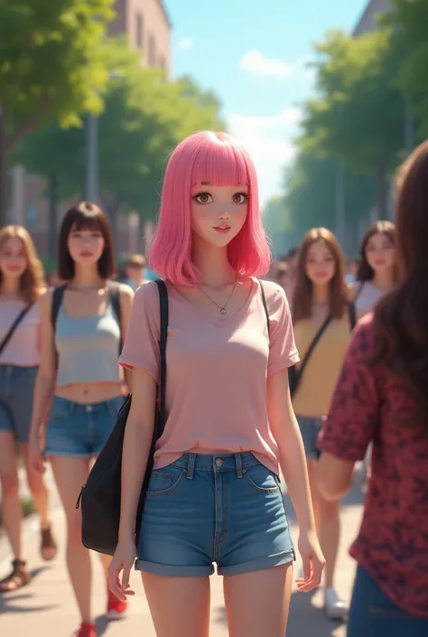 chillout template ， college girls on campus，JK Group，Pink shoulder-length hair， Street Background ，Semi-realistic character style