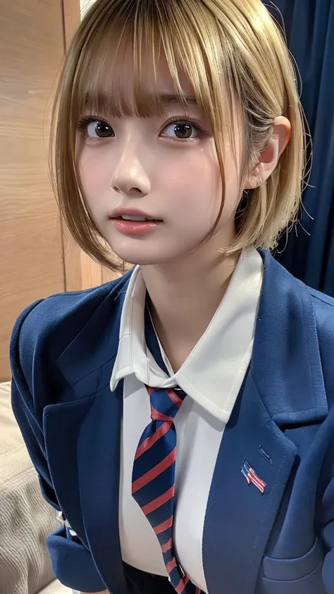 ((masterpiece, Best Quality,  Hi-Res,  Ultra High Definition)),  Japanese High School Girls、(Realistic:1.4)、excited、Great face、Pointed Mouth、 close your mouth、 wet lips、Age 15,  short hair,(Beautiful blonde:1.5),  high school uniform 、(Navy Blue Blazer,Nav...