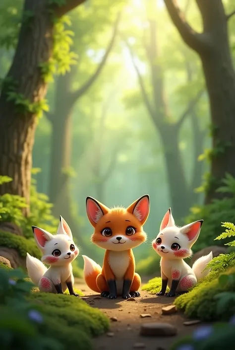 a poor brown little kitten and two White little foxes are standing in the middle of the forest and they have many red rashes on their bodies in the forest ai image