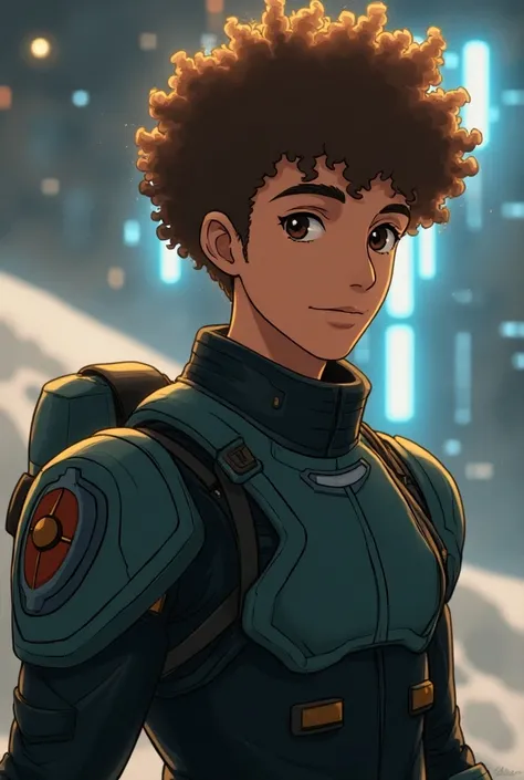 "A young male character inspired by Amuro Ray from Mobile Suit Gundam, featuring light brown, curly afro-style hair, fair skin, and brown eyes. He has a calm, focused expression and a slim, healthy build. The character is wearing a futuristic pilot suit in...