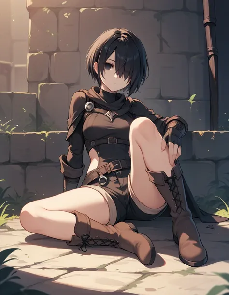 1girl,thief,black short hair,hair over eye,bob hair,medium breasts,empty eyes,looking viewer,,,,expressionless,fantasy,shorts, boots