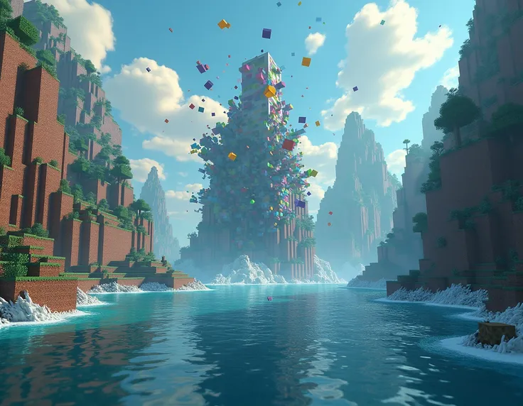 Create a Minecraft ,  mountain scene with programming flaws in the middle of the sea