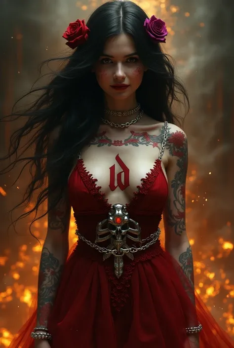 Surrealism hyper-realistic, a pale beatiful woman,tattooed body bearing the text "LD" logo Bloody red,Wearing a red dress with a skull motif,smile sweetly facing forward, bound and trapped in white chains and diamonds, decorated with red and purple roses. ...