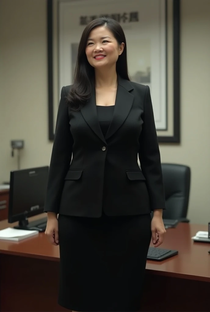  Chinese 50-year-old mature，Long hair rolled up ，indoor，Stand in front of your desk，OL outfit，Women&#39;s suits，Black suit， full boobs，Thin waist and big hips