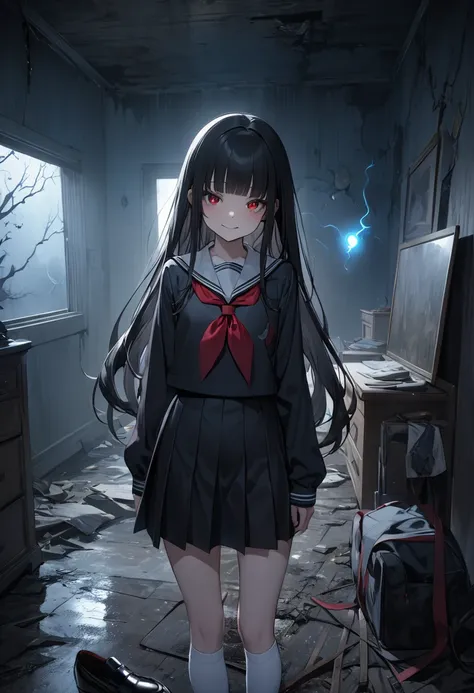 masterpiece, best quality, 8k, ultra detailed, 1 girl, black long hair, smooth silky hair, blunt bangs, red eyes, black school uniform, white socks, black loafers, flat chest, eerie smile, night, dark, eerie atmosphere, ruined room, will-o-the-wisp around ...