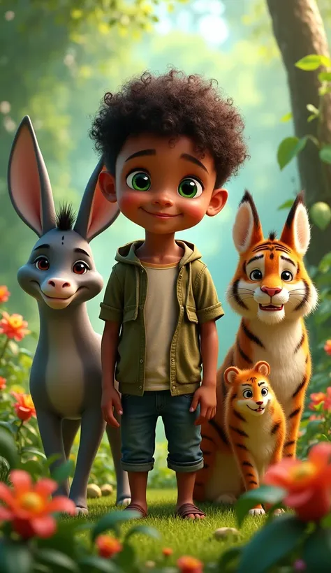  boy, dark brown skin, popeyes with green details, slightly waton but healthy, dark brown hair with curls, brown eye pupil. Standing next boys one seems like a elephant and one like donkey and other seems like tiger. Expand the background they are in garde...