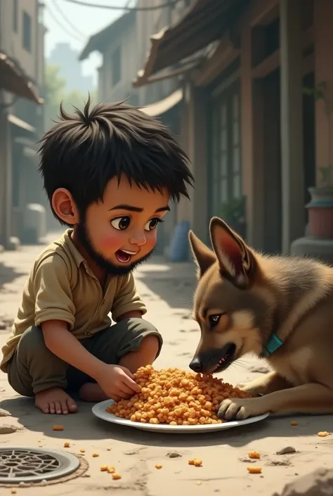 A medium coloured skin tone and medium beard boy and a street dog eating food from a single plate nearby drainage. Both of them are  eating fastly 