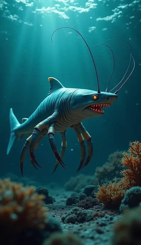 Shark-Shrimp Hybrid, a terrifying hybrid creature emerging from the deep, its body combines the sleek, muscular form of a shark with the small, segmented legs and exoskeleton of a shrimp, the creature moves with an eerie combination of power and agility, i...