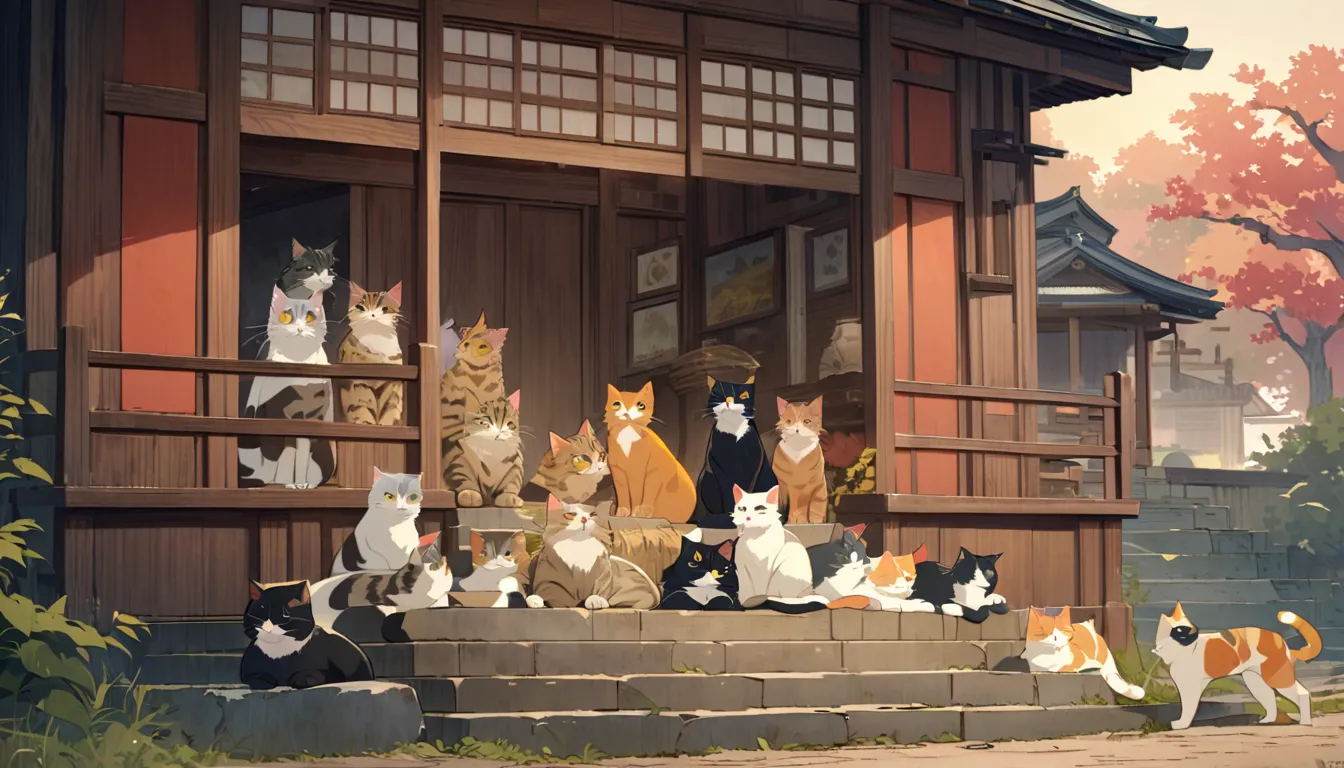 a regal cat earl stands proudly on a set of stairs in post-war rural japan surrounded by a group of loyal cats, the scene is ren...