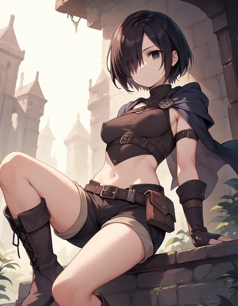 1girl,thief,black short hair,hair over eye,bob hair,medium breasts,empty eyes,looking viewer,,,,expressionless,fantasy,shorts, boots,erect nipple