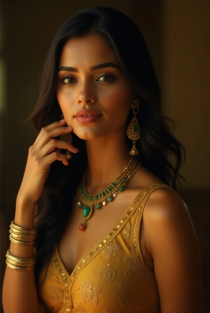 "Hyper-realistic portrait of a beautiful Indian woman with almond-shaped eyes, defined jawline, and a soft expression. She wears a golden embroidered lehenga blouse, adorned with a green gemstone necklace, matching earrings, and gold bangles. Her dark, str...